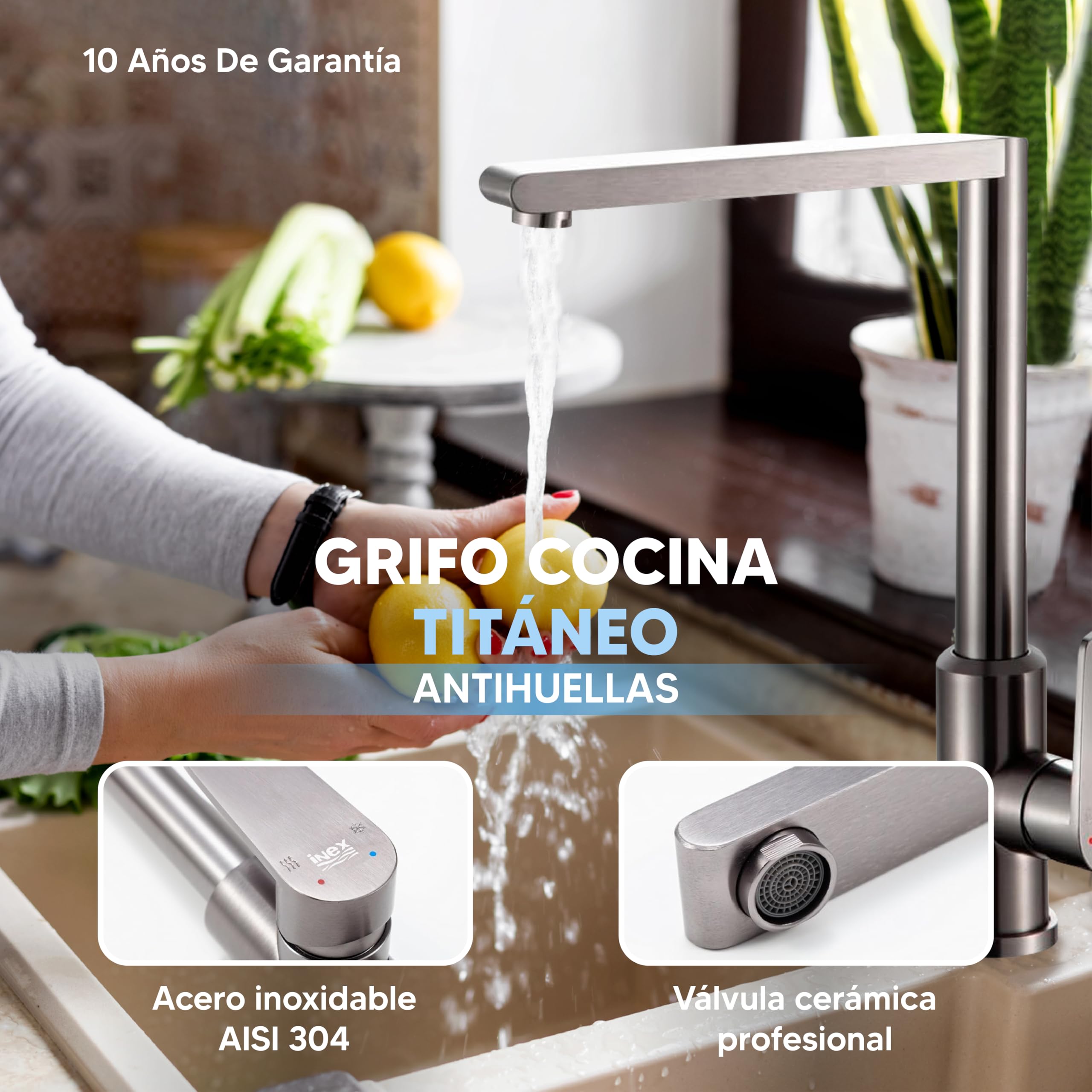 INEX EUROPA Grifo Cocina Titáneo Antihuellas con Válvula Cerámica 10 años de GARANTÍA - Grifo Acero Inoxidable Resistente a la Corrosión - Grifo de Cocina Fácil de Instalar Diseño Moderno y Duradero