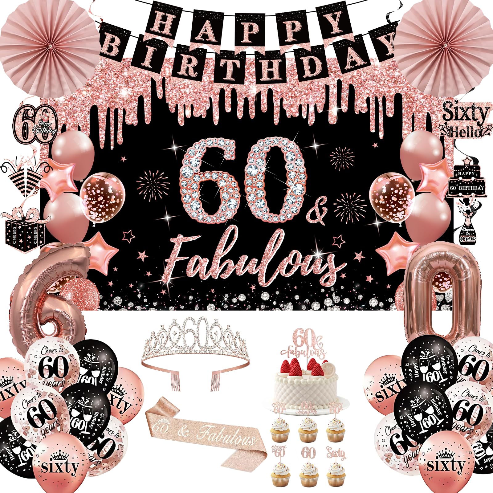 60th Birthday Decorations for Women Rose Gold 60th Birthday Balloons Banner Sash Hanging Swirls Paper Fans Crown Party Decorations for Womens 42Pcs 60 Years Old Anniversary Celebrations Kit