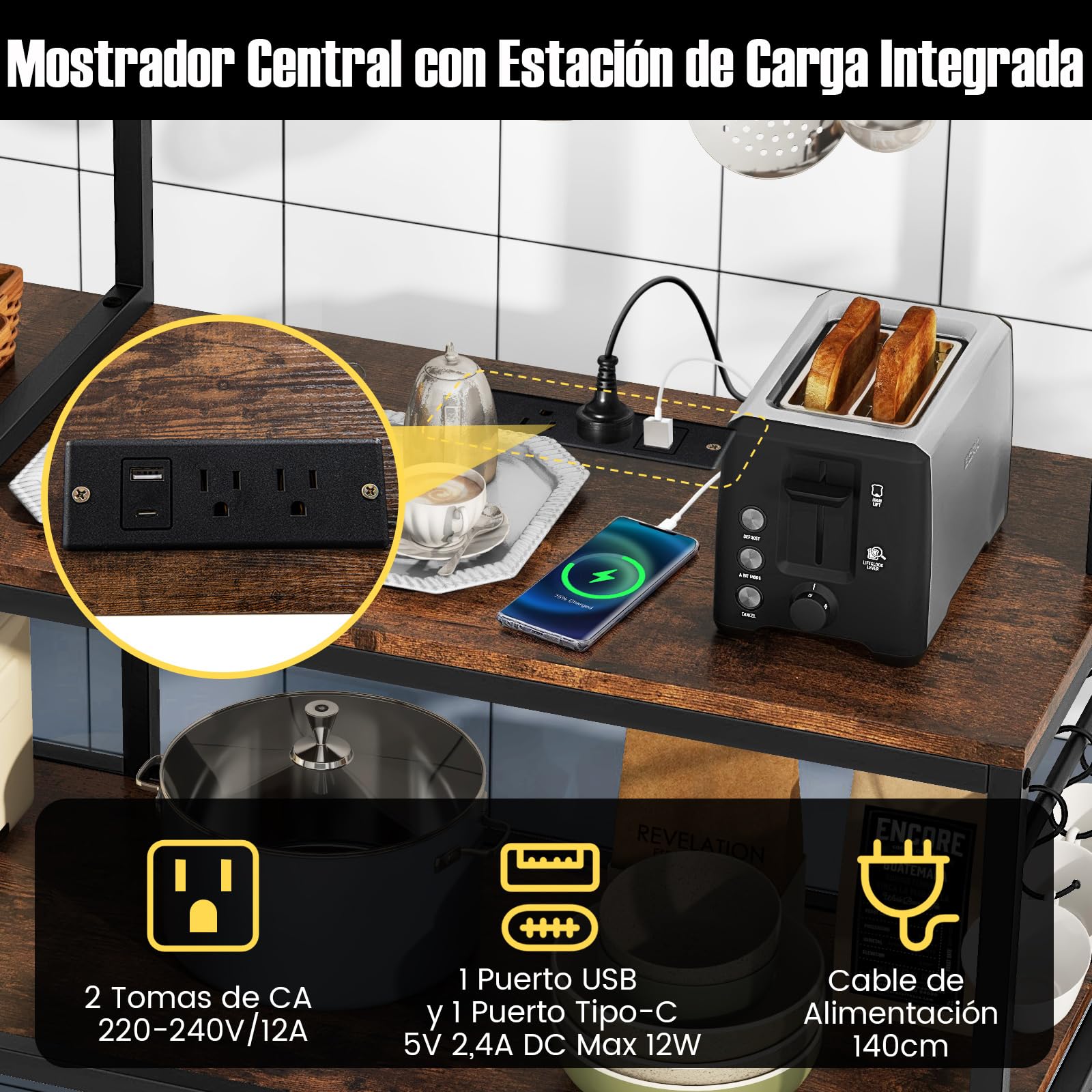 GOPLUS Estantería de Cocina con 5 Estantes y 10 Ganchos, Estante Ahorrador de Espacio para Microondas, Estante Multiusos para Panadería con 6 Patas Regulables, Estilo Industrial, 107 x 37 x 160 cm