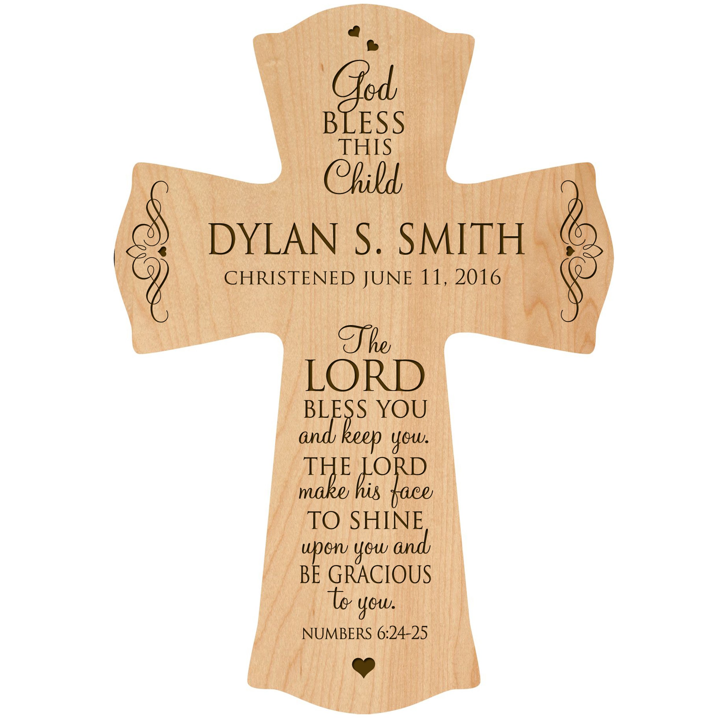 LifeSong Milestones Personalized Baptism 1st Holy Communion Christening Wall Cross Decoration God Bless This Child the Lord Bless You and Keeps You (8.5" x 11", Maple)