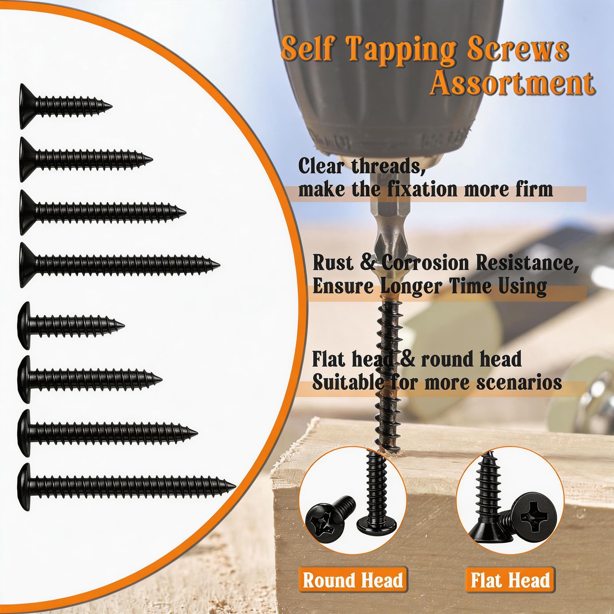 Dianrui Juego surtido de 1050 tornillos de madera negra, tornillos de acero inoxidable 304 surtidos M3/M4/M5/M6, juego de tornillos autorroscantes Phillips de grado marino (tornillo plano y plano
