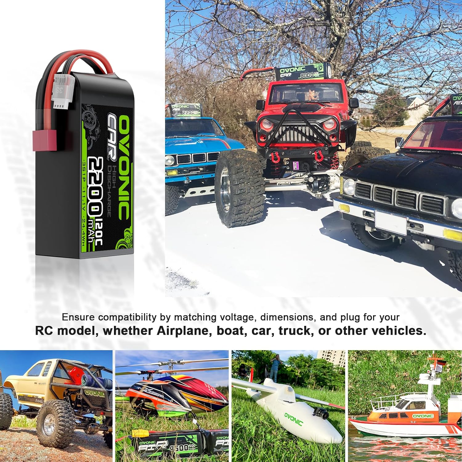 OVONIC 3S Short LiPo Battery 11.1V 2200mAh 120C with Dean-Style T Plug for RC Car RC Truck Airplane Helicopter Boat Car Racing RC Hobby [2 Packs][77" D x 34" W x 26" H mm](with Lipo Voltage Checker)