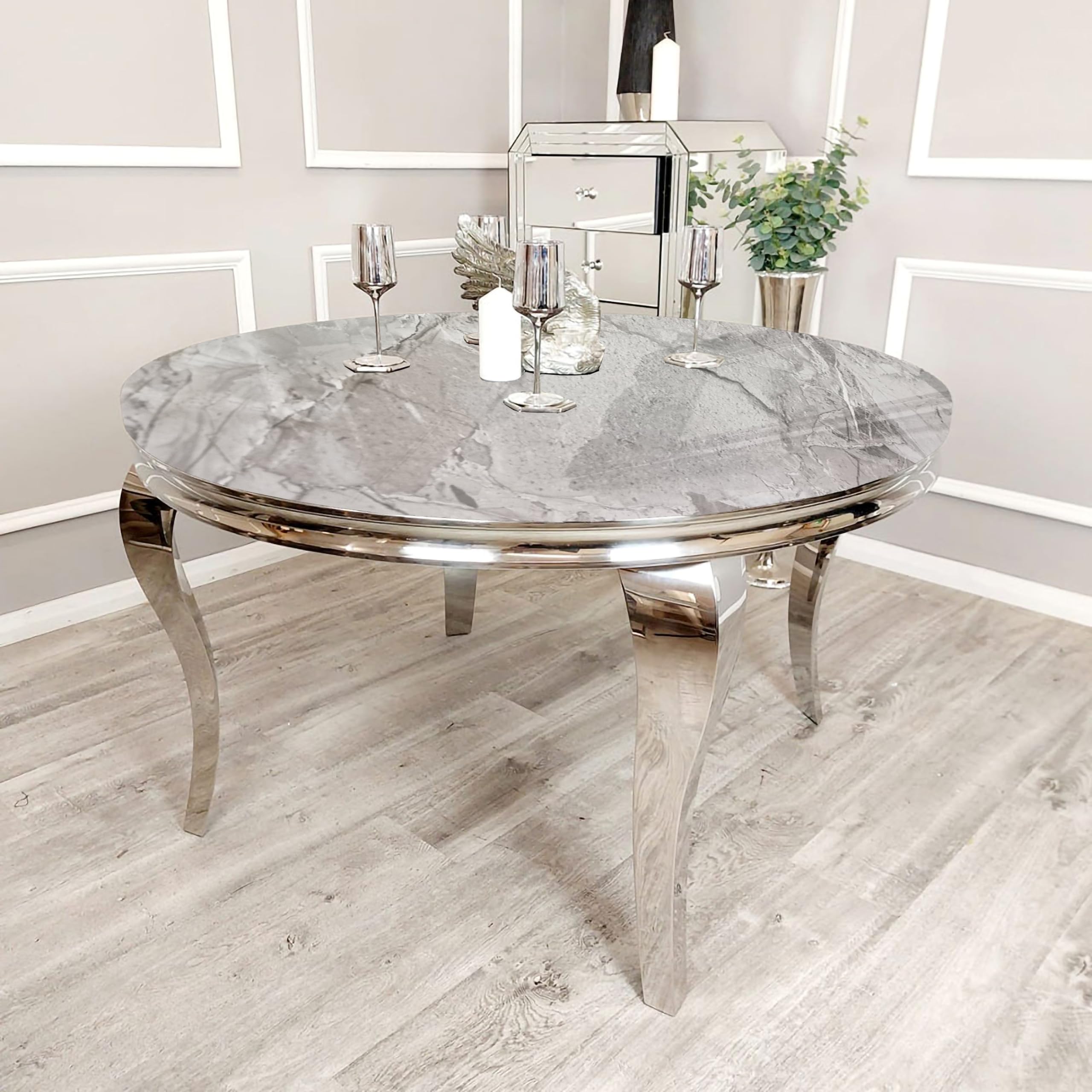 Luxuriöses Chrom-Esstisch, elegant, 1,3 m, rund, Esszimmer-Set mit hellgrauem Marmor, gesintertem Stein oder Glasplatte, stilvolle moderne Möbel für Zuhause