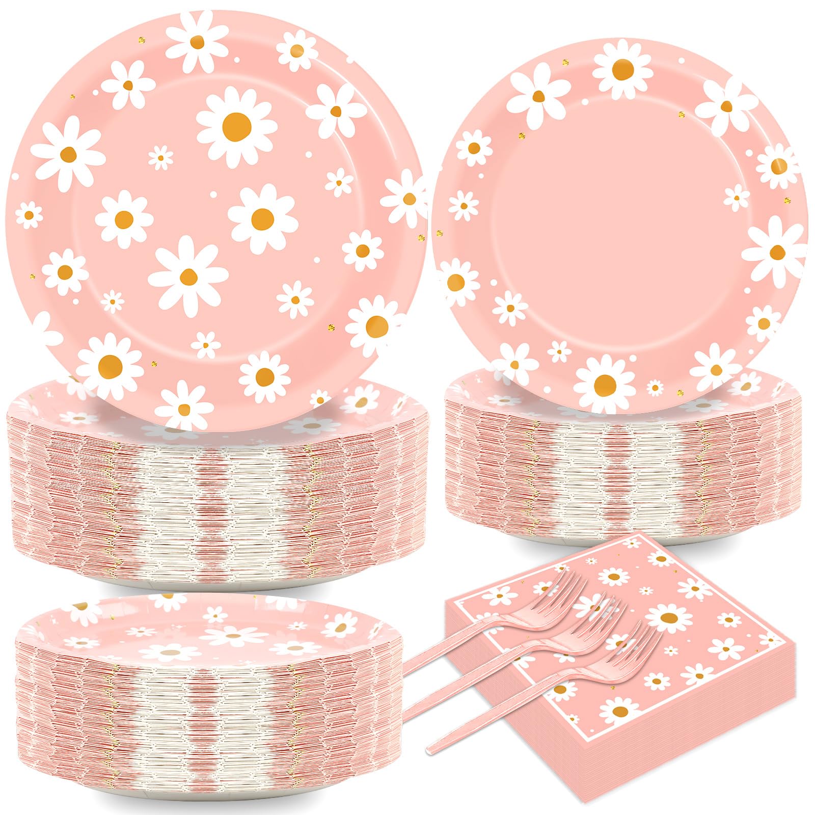 50 Guests Daisy Plates and Napkins Party Supplies Groovy Floral Party Decorations Disposable Tableware Set Pink One Two Groovy Birthday Dinnerware Favor for Summer Girls Wedding Baby Shower, 200PCS