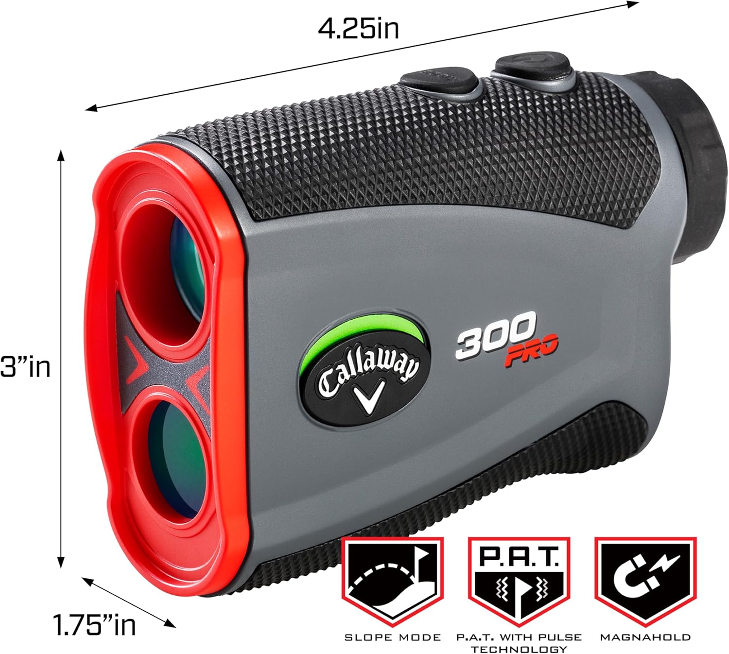 Фронт view of the Callaway 300 Pro Laser Rangefinder with key dimensions labeled: 4.25 inches length, 3 inches height, 1.75 inches width.