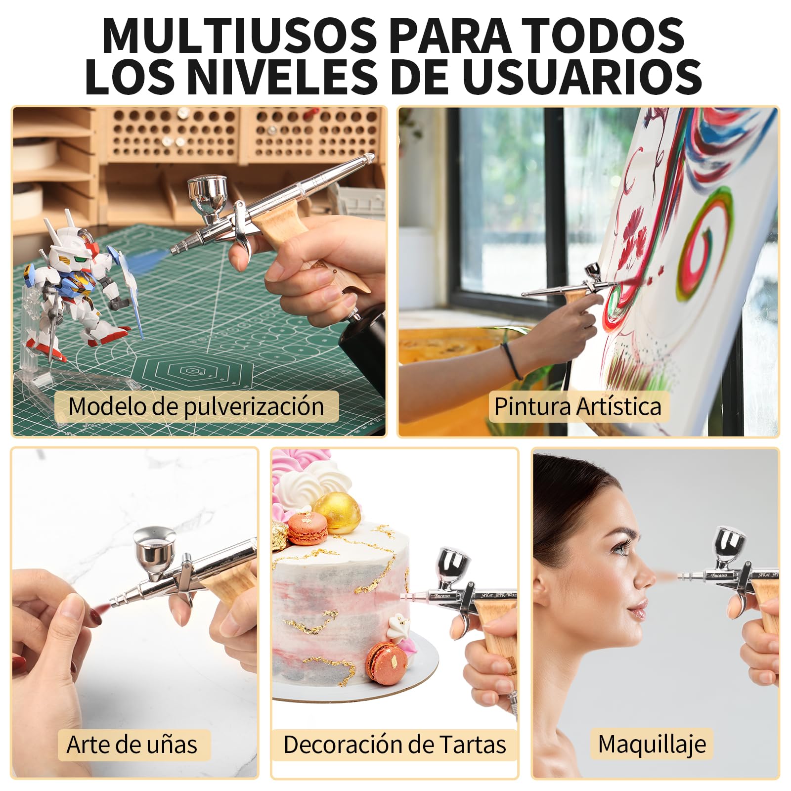 Airbrush Kit, Pistola de Aire con 0.3mm/0.5mm/0.8mm Agujas/Boquillas, 3cc/7cc/11cc Vaso de Fluido Reemplazable para Pintar Maquetas Uñas Pastel Tatuaje Maquillaje (W001-B)