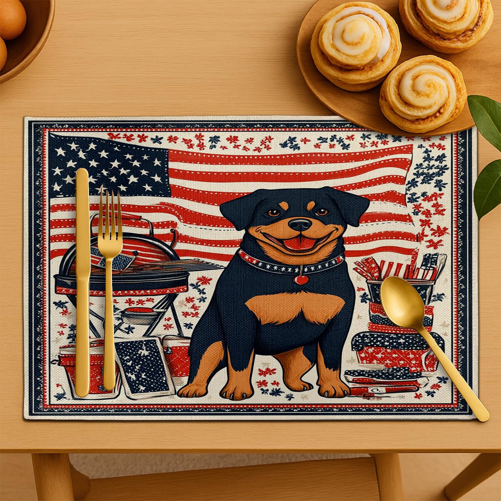 6er-Set patriotische Tischsets mit amerikanischer Flagge und Hundemotiv,