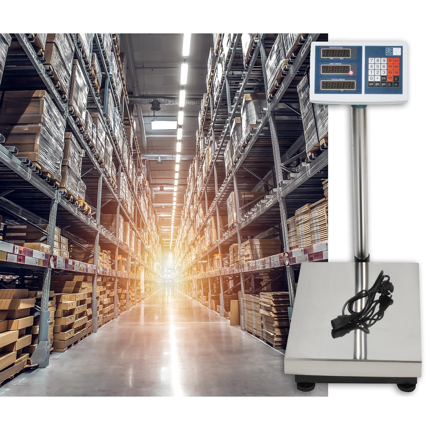 Báscula digital electrónica de plataforma, 100 kg 50 g, pantalla LED, giratoria 360 grados, ajustable, funcionamiento a pilas, red de energía, función tara, 23536