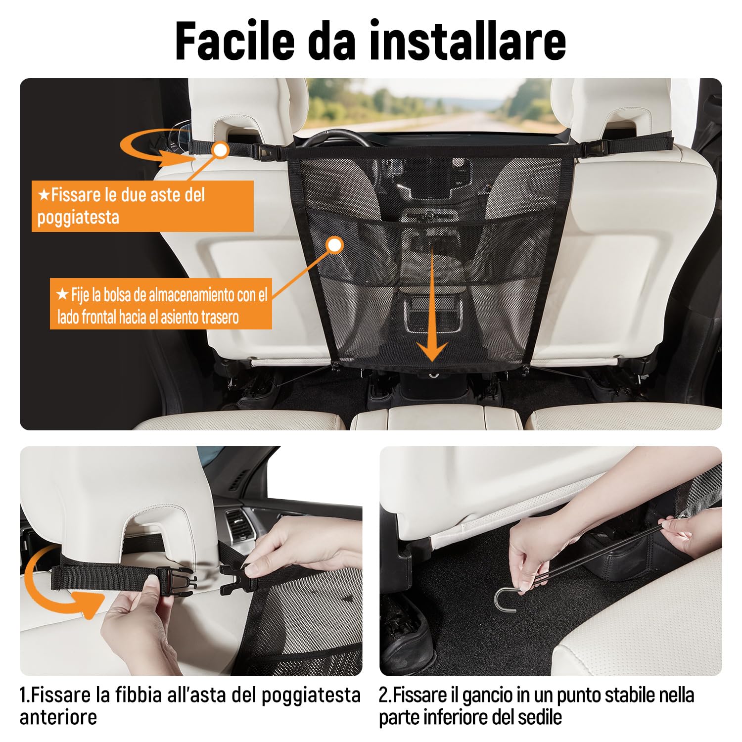 GGW Griglia per Cani per Auto con Tasche portaoggetti per Cani – Rete di separazione per Sedile Anteriore, barriera di Sicurezza Contro Il Cane dal Sedile Posteriore, Universale