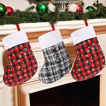 DIYASY Mini Christmas Stockings, 24 Pack Small Buffalo Plaid Stocking Snowflake Red Black Stockings Bulk for Christmas Tree Ornament Decorations Gift Holder(8Inches)