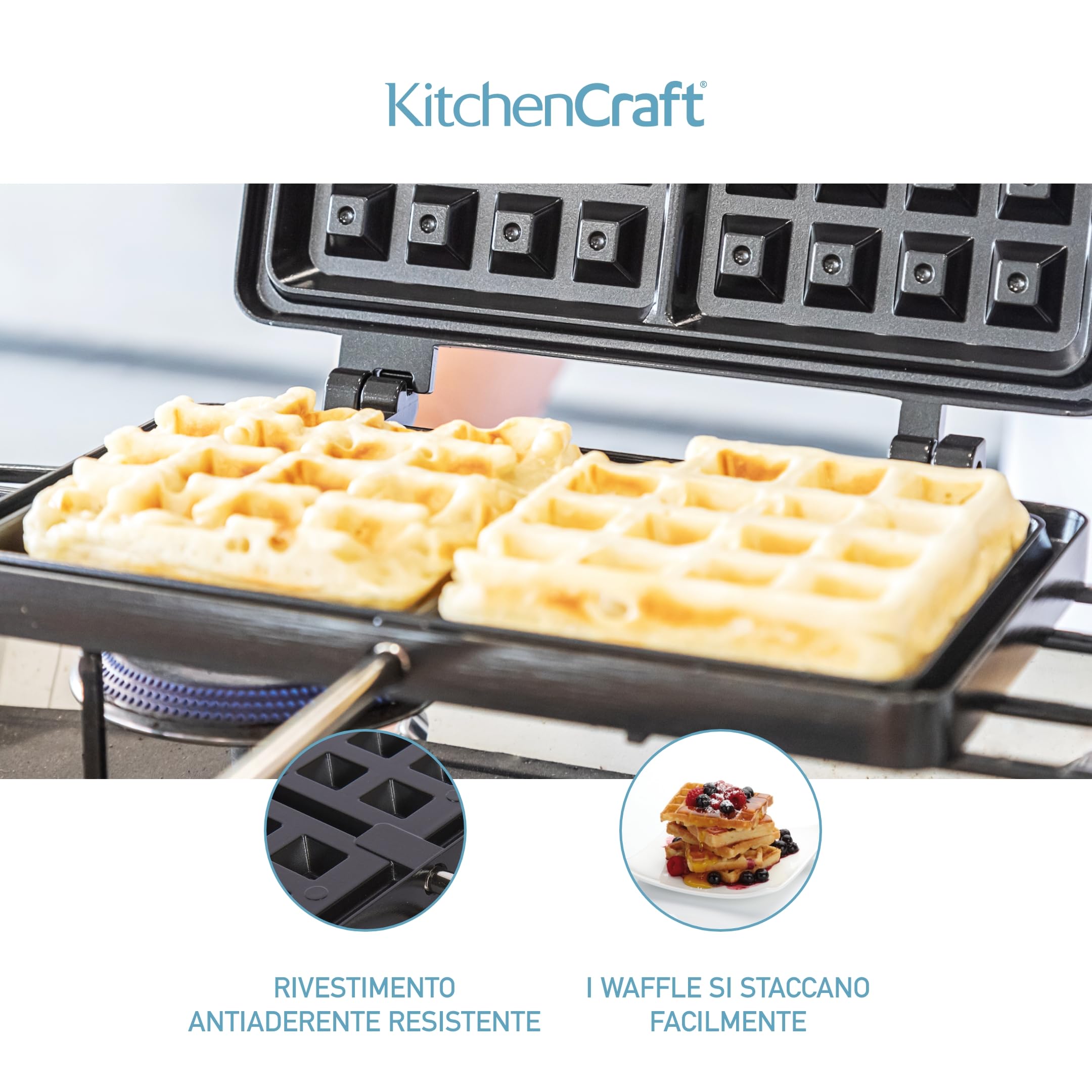 KitchenCraft Piastra per Waffle Antiaderente, 22 x 13 cm, Nero