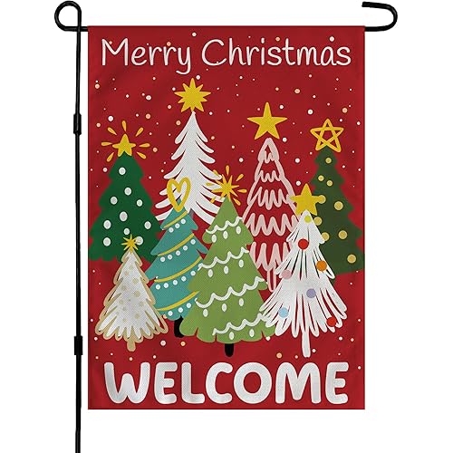 Christmas Decorations Outdoor - Xmas Tree Welcome Garden Flag | Christmas Party Decor Favors Supplies for Indoor Outside -Red Navidad Double-Side Backdrop Banner for Garden Porch Patio Lawn Yard,12x18
