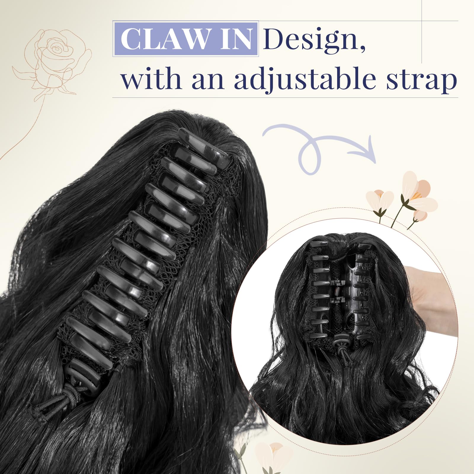TESS Claw On Ponytail Extension Matte Material 14 Inch/37cm Curly Wavy Clip In Pony tail Synthetic Hairpiece, Natural Black - Image 4