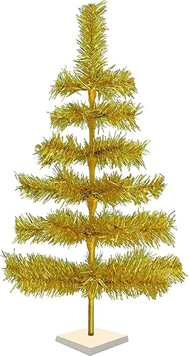 Árbol de Navidad de mesa pequeña dorada de 24 pulgadas ramas de plumas artificiales clásicas de oropel para interiores y exteriores soporte de base