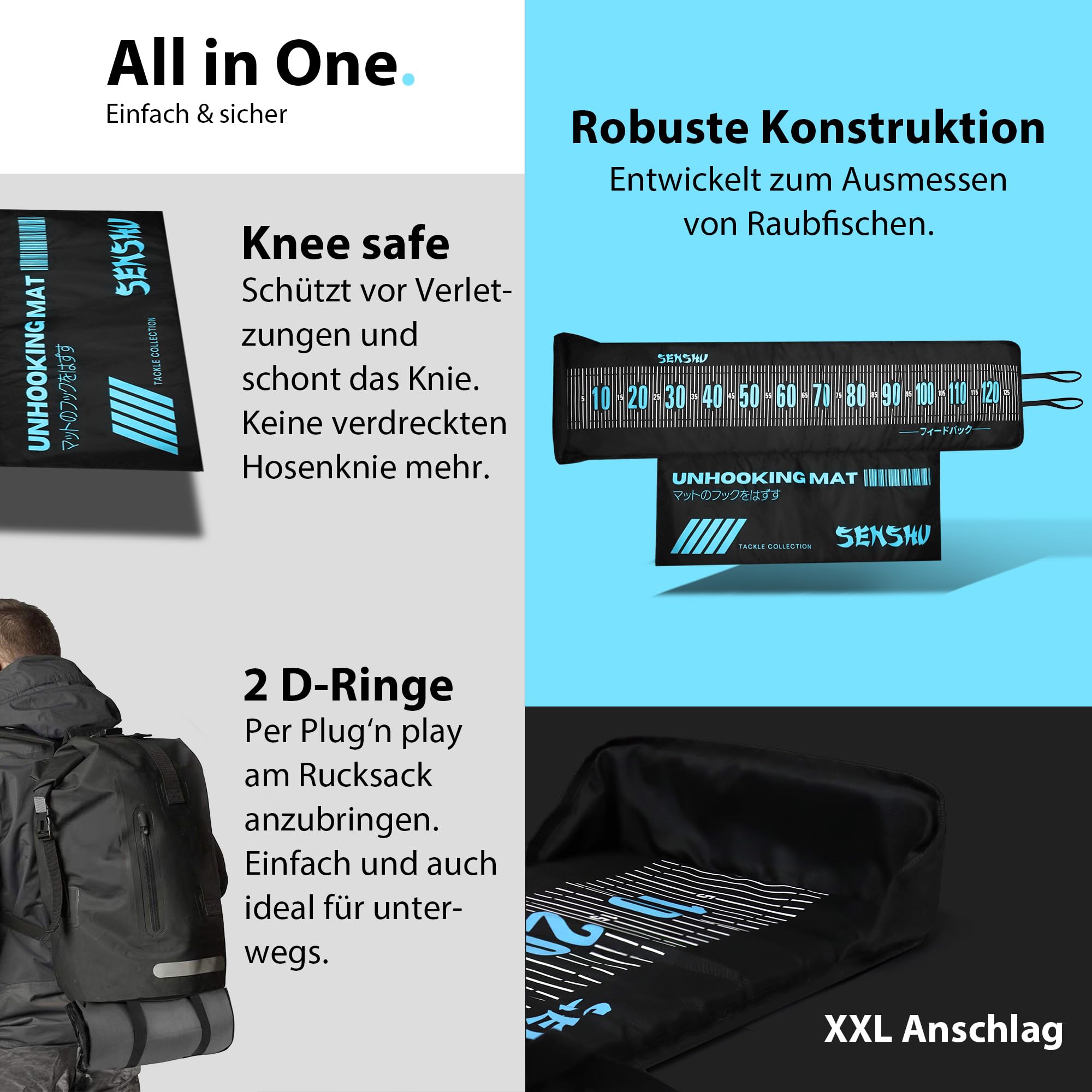 Abhakmatte mit Maßband, 130x30cm, Schwarz-Türkis | XXL Messmatte, Fischschutz-Matte mit Kniepolster, Rollbar & Ultraleicht, Schonend für Schleimhaut