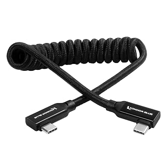 KONDOR BLUE | 12-24 Inch Coiled Dual Right Angle USB-C Cable for SSD Recording & Charging | 8K Data, 100W PD, 20Gbps USB 3.2 for Cameras, Monitors, iPhone 17/16/15, Tablets & More | Blacks