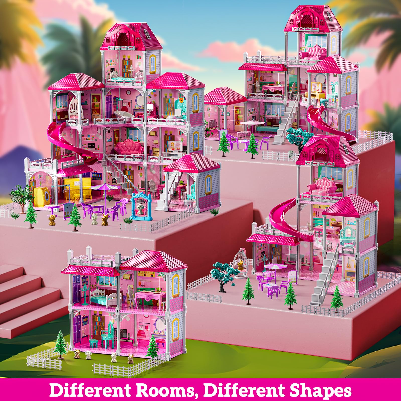 Villa Playset for Girls Ages 3-7, 4-Story 12 Room House with 2 Dolls, Furniture and Accessories, Indoor Playset Girls Toys for Ages 6-8, Pretend Toddler Toy, Birthday Gifts for Kids 4-8