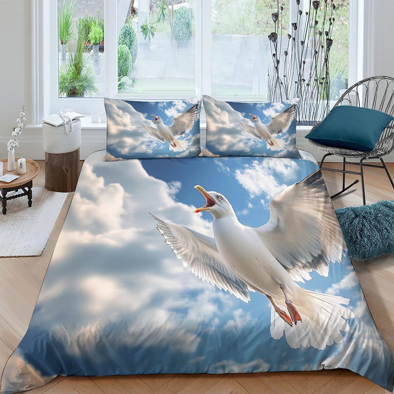 Ctjqhvkz Style-2 3D Printed Seagull Sky Fitted Sheet Microfiber Soft Mattress Cover Bedroom Dorm Decor Easy Care Single（135X200cm）