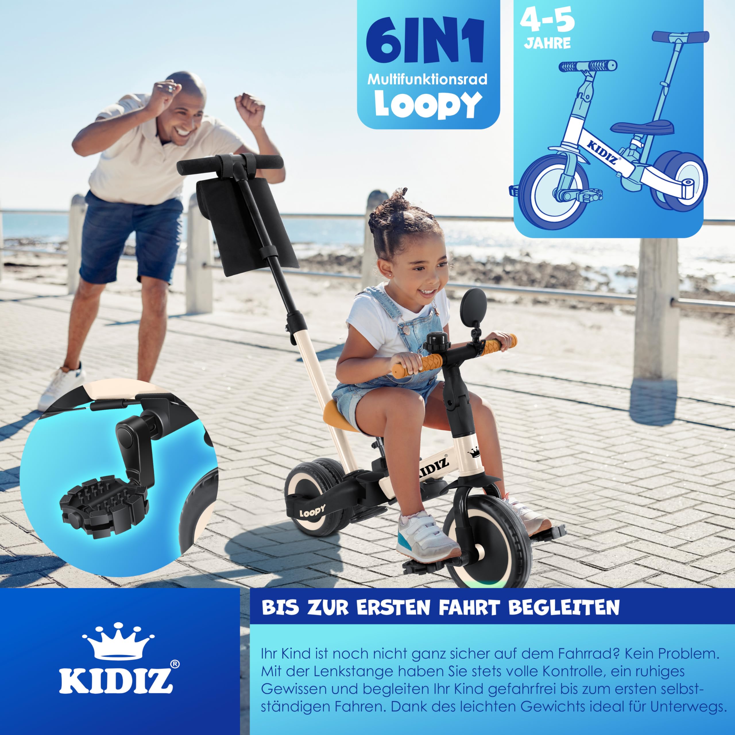 KIDIZ® 6in1 Laufrad Dreirad | Laufräder Lauffahrrad Kinderdreirad ab 1 Jahr bis 5 Jahre | Lauflernhilfe belastbar bis 25Kg | inkl. Lenkstange Sicherheitsbügel Sicherheitsgurt Klingel & Spiegel Beige