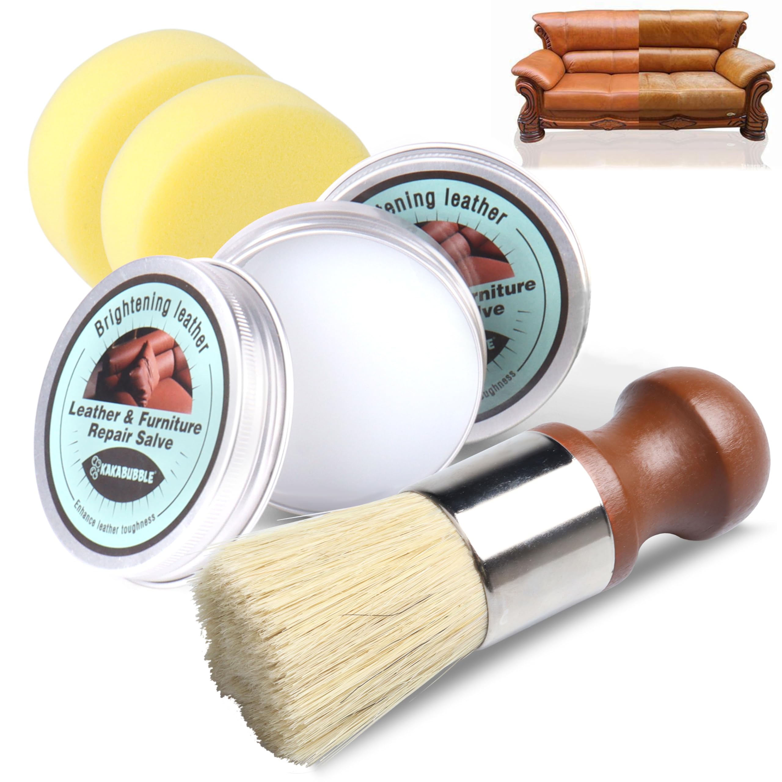 KAKABUBBLE Furniture Salve for Leather & Wood with Boar Bristle Brush, All-in-One Leather Conditioner, Wood Polish & Multi-Surface Restorer for