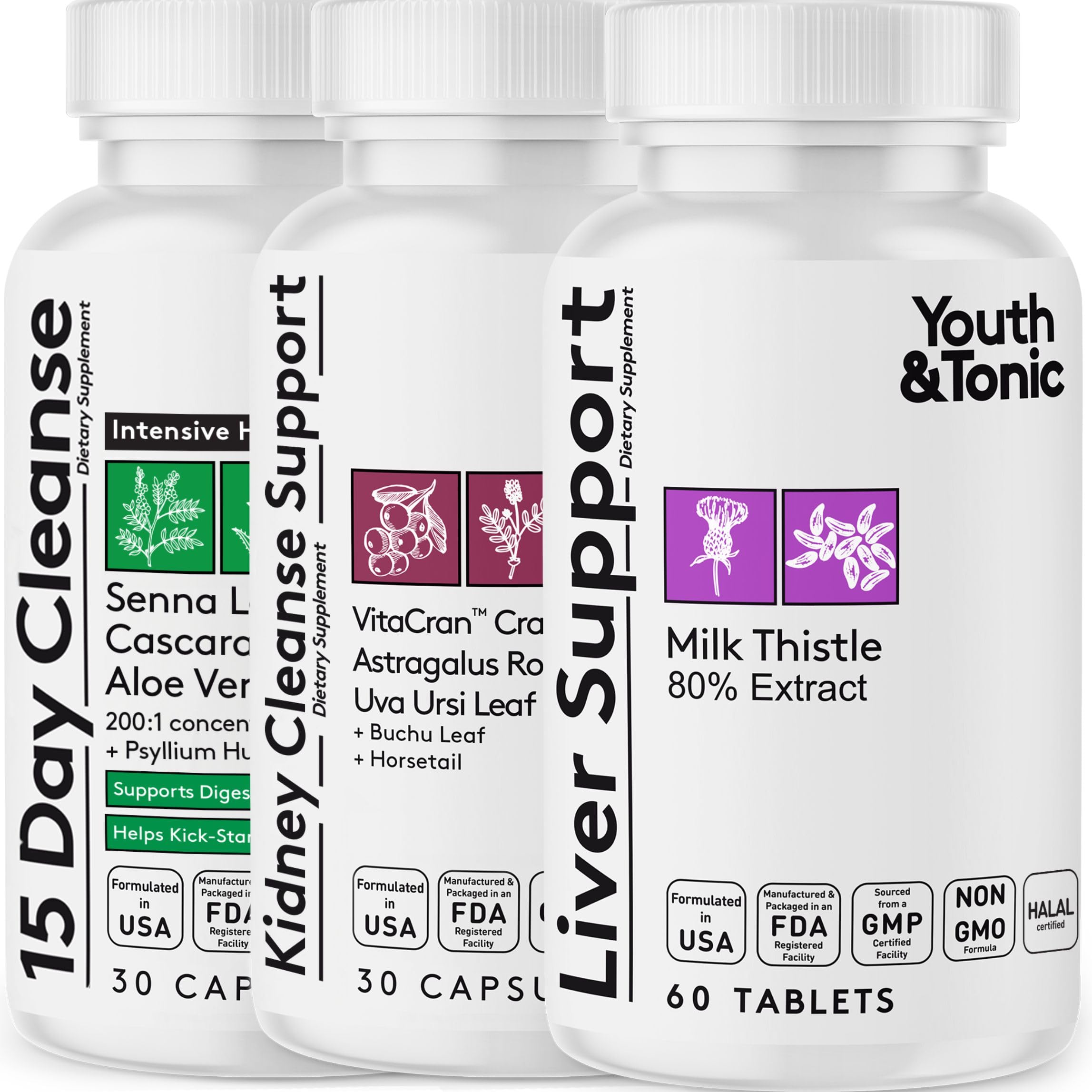 Youth & Tonic 3X Body Cleanse and Detox Pills for Women & Men with Liver, Kidney, Colon Supplements to Support Healthy Functions and for Loss of Unwanted Impurities and Metabolic Waste. 120 Capsules