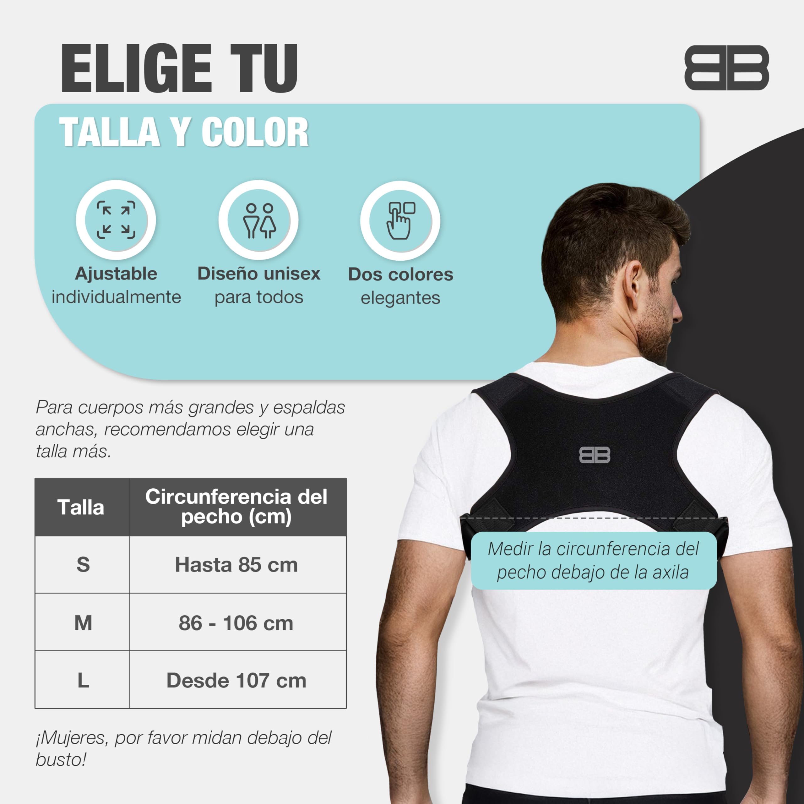 BACK BODYGUARD: arnés ajustable - neopreno transpirable, Negro, L | Negro, talla L, posible intercambio, lavable a máquina