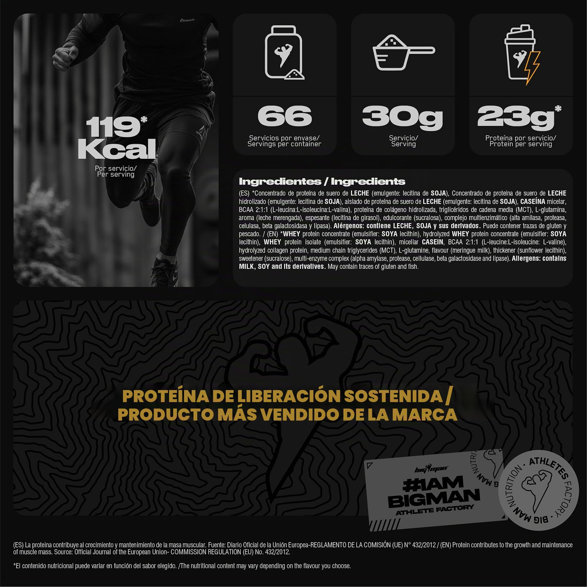 BigMan | Multi-Phase | Proteína Secuencial | Proteína de Suero de Leche | Aislado de Proteína | Caseinato Calcico | Colageno | Gana Masa Muscular (Vainilla Canela)