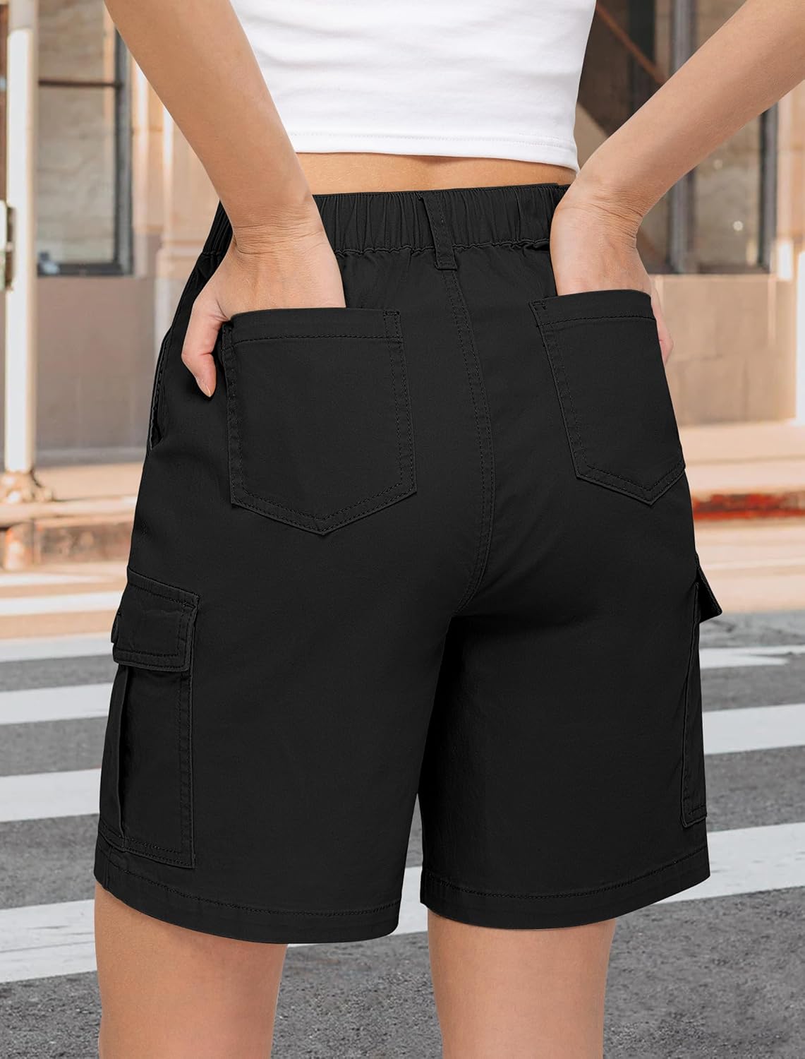 IWD Bermuda Cargo Denim Shorts for Women Knee Length 6 Pockets Elastic Waist Long Jorts for Summer Casual - Image 2