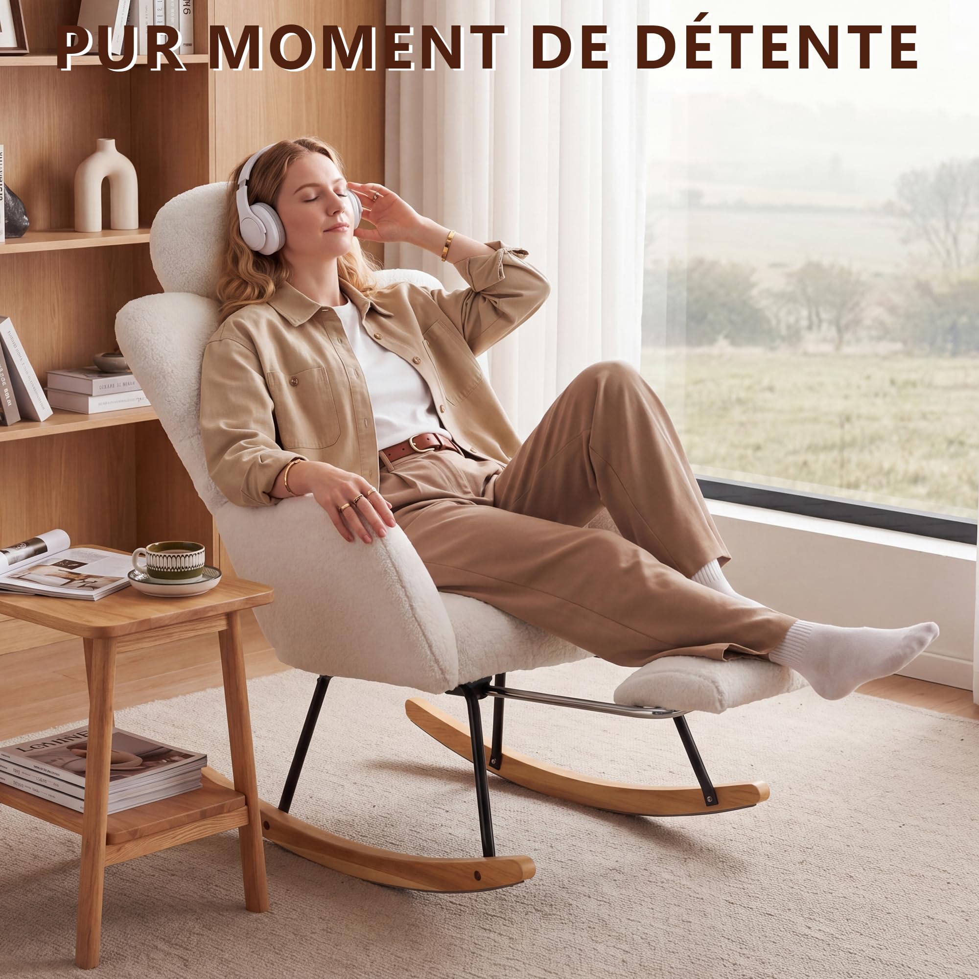 DEKKETO Fauteuil à Bascule - Rocking Chair avec Appui-tête & Repose-Pieds, Fauteuil Relax Scandinave en Tissu Bouclette, pour Salon, Allaitement, Chambre, Pieds en Bois Massif, Blanc