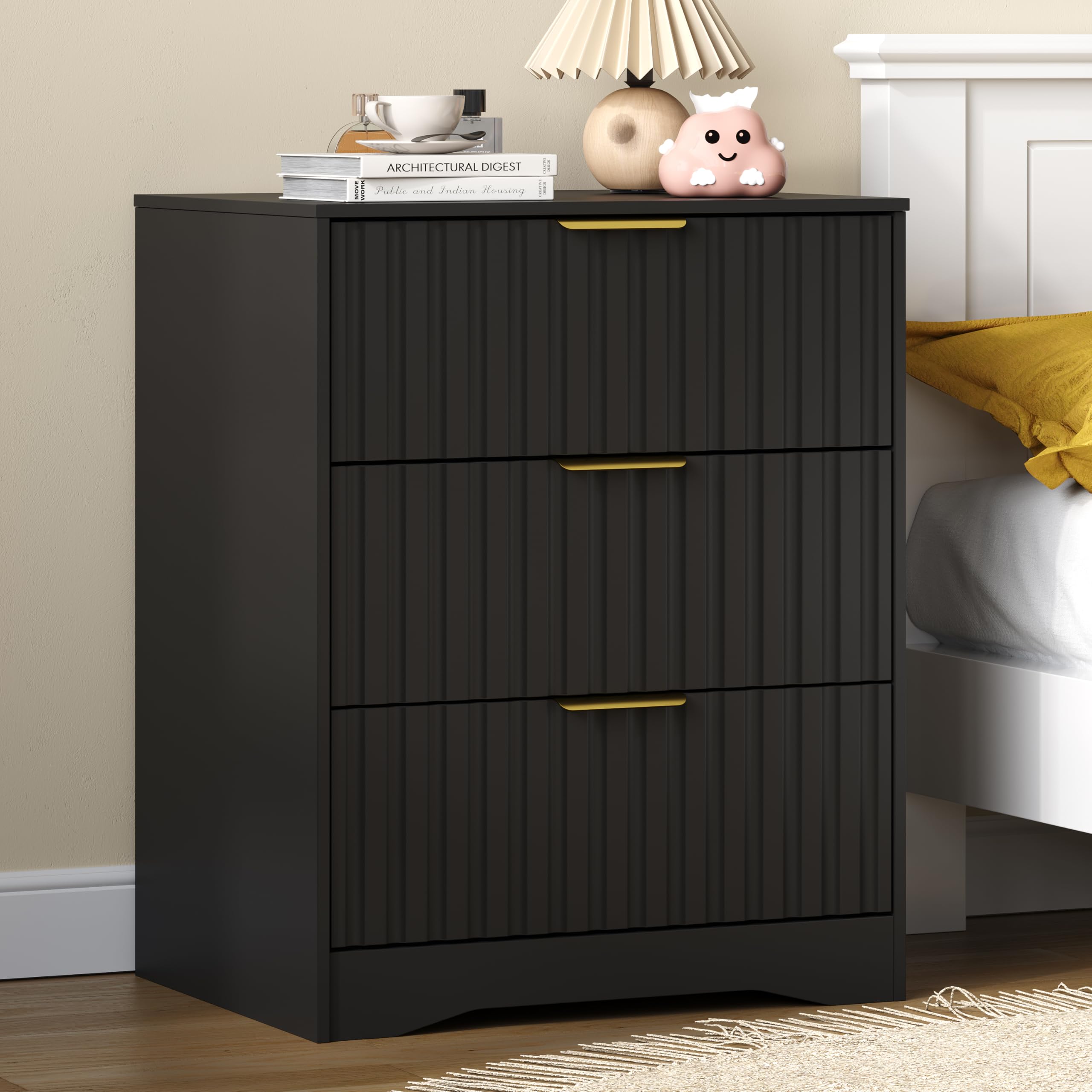 3 Drawer Dresser, Fluted Nightstand with Storage,Black