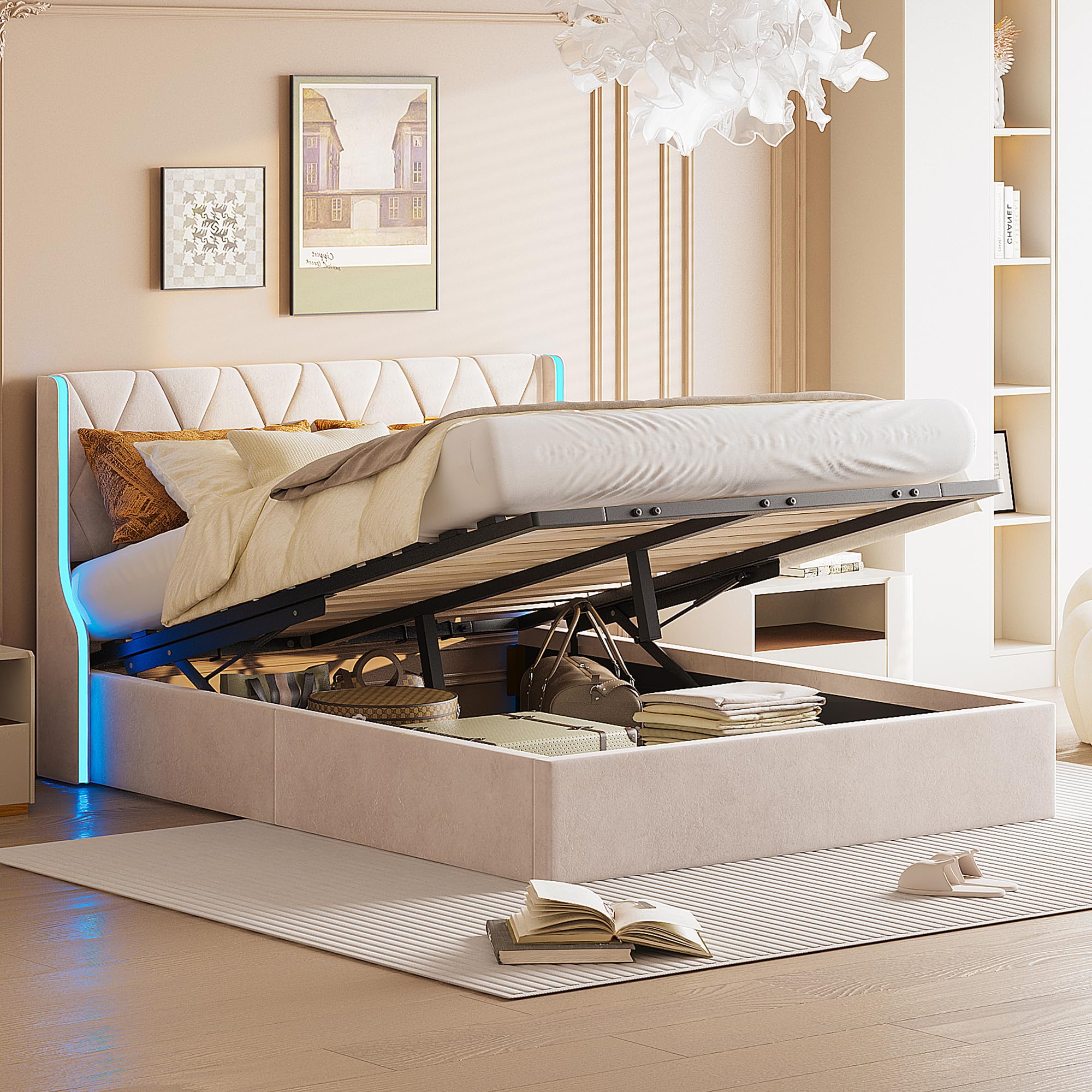WOBOPCG Bett 140 x 190 cm, gepolstertes Bett mit Aufbewahrung, Betts Truhe mit LED und USB-Steckdose, Doppelbett mit Aufbewahrung, gepolstertes Betts mit aufbewahrung (Beige, 140 x 190 cm) Küche, Haushalt & Wohnen