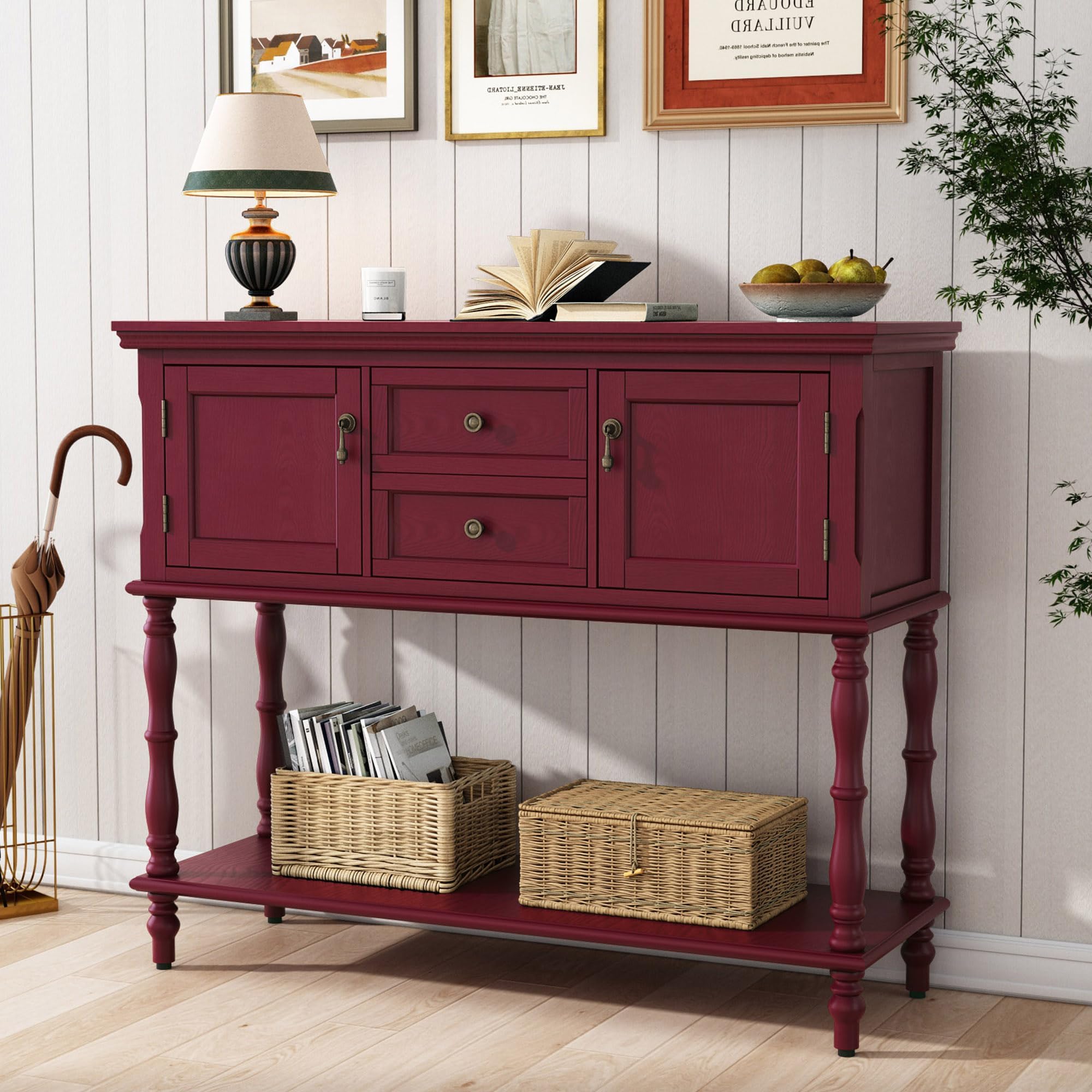 ARTPOWER Console Table with 2 Drawers, Retro Entryway Table with 2 Door Cabinets and Open Storage Shelf, Narrow Long Behind Couch Sofa Table for Living Room, Foyer, Hallway, Red