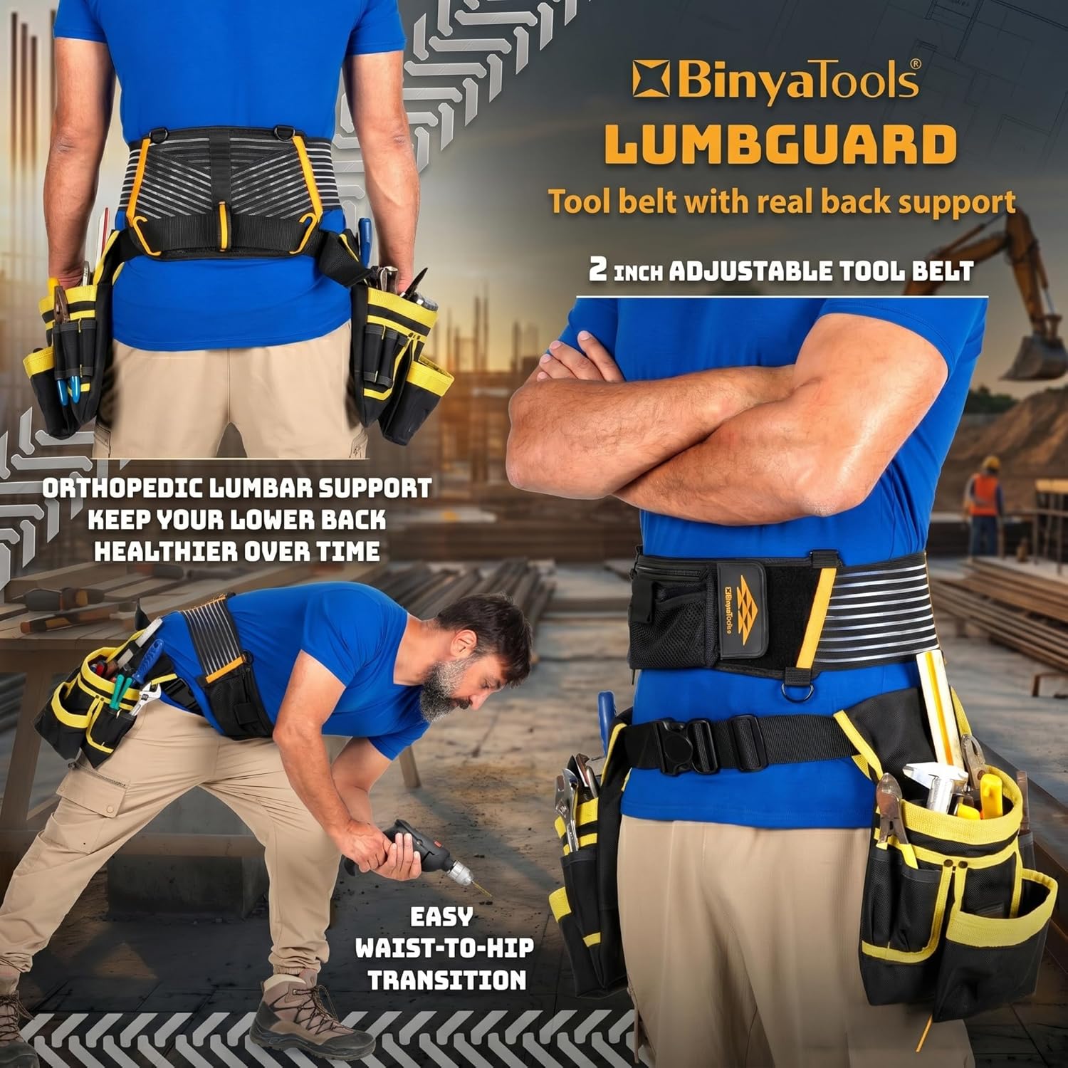 BINYATOOLS Tool Belt with Lumbar Back Support for Tradesman Pro Construction Electrician 2" Tool Belt for Men Orthopedic Lower Back Brace for Heavy Lifting Lightweight with D Rings and Pockets - Large