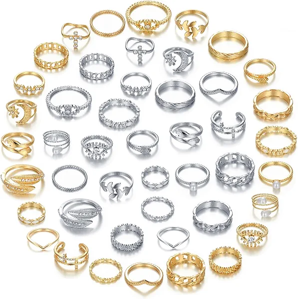 ZOVOLI Gold Silver Knuckle Rings Set for Women, Stackable Rings Bohemian Crystal Hollow Carved Flowers Joint Finger Rings Pack Fashion Jewelry Gifts for Her (46 PCS-2)