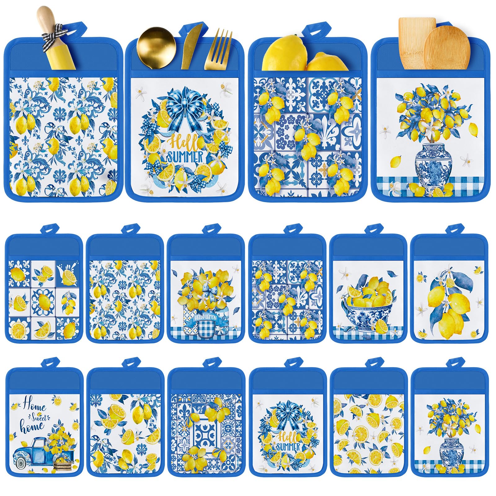 Jingmore 12 Pcs Lemon Pot Holders with Pocket Italian Amalfi Coast Blue and White Potholders Chinoiserie Lemon Hot Pads and Oven Mitts Gloves Housewarming Gifts for Summer Kitchen Baking Cooking
