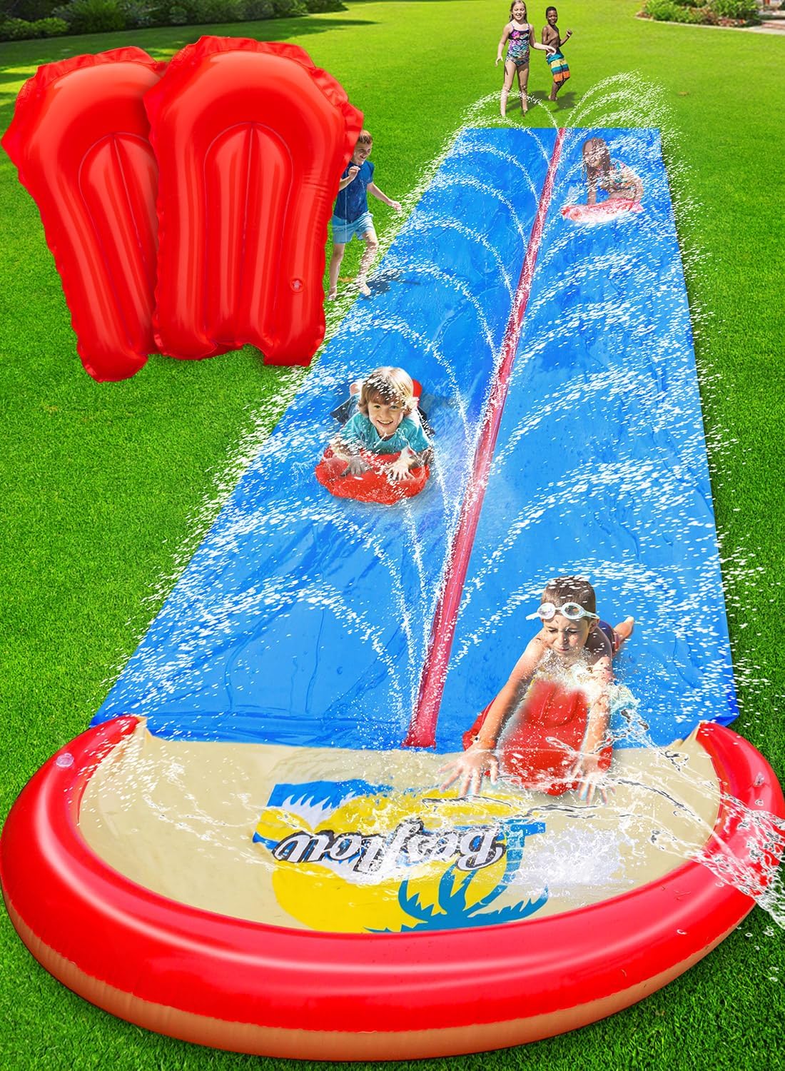 Slip and Water Slide for Kids and Adults Extra Long Lawn Water Slides Backyard Heavy Duty with Two Inflatable Bodyboards and Double Lane Water Toys Summer