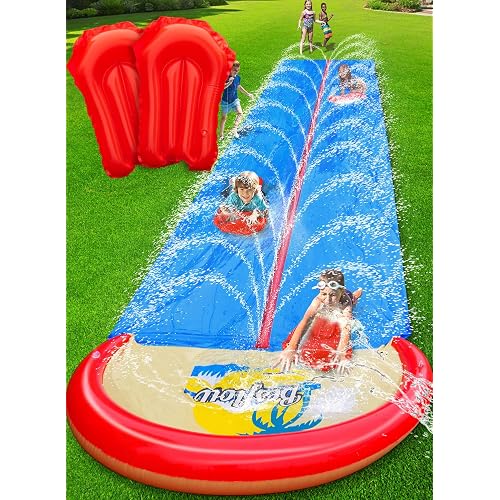 Spring Water 22FT Slip and Water Slide for Kids and Adults, Extra Long Heavy Duty Lawn Water Slides with Sprinklers, 2 Lane Slip Splash Slide with Inflatable Bodyboards, Summer Outdoor Backyard Toys