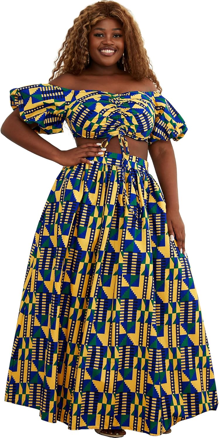Women's African Print Shirt Dress Kente Wax Top and Skirt Set