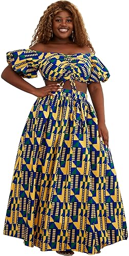 Women's African Print Shirt Dress Kente Wax Top and Skirt