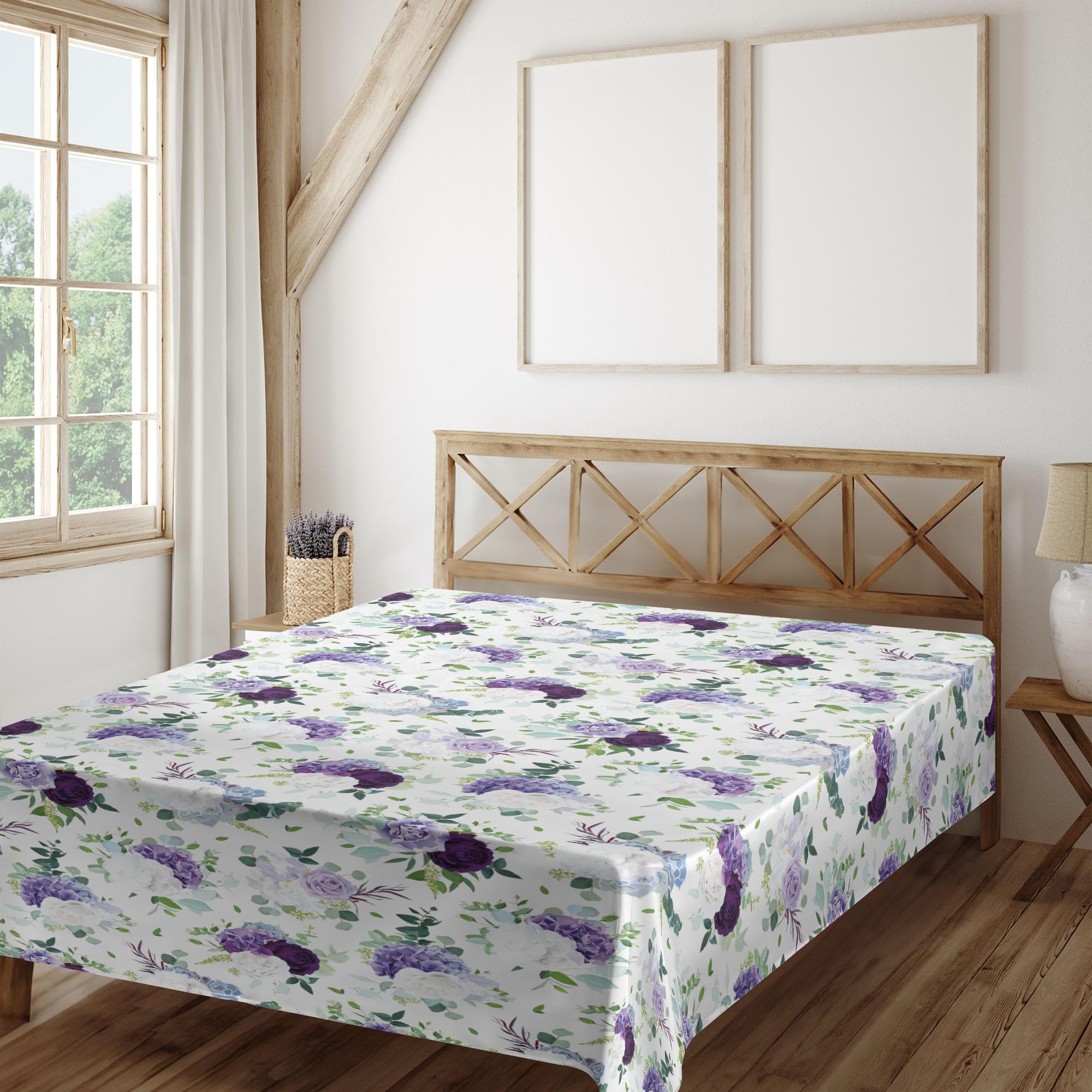 Ambesonne Floral Flat Sheet, Repetitive Lilac Tones Flowers Hydrangea Rose Print, Soft Comfortable Top Sheet Decorative Bedding 1 Piece, Queen Size, Plum Blue Violet