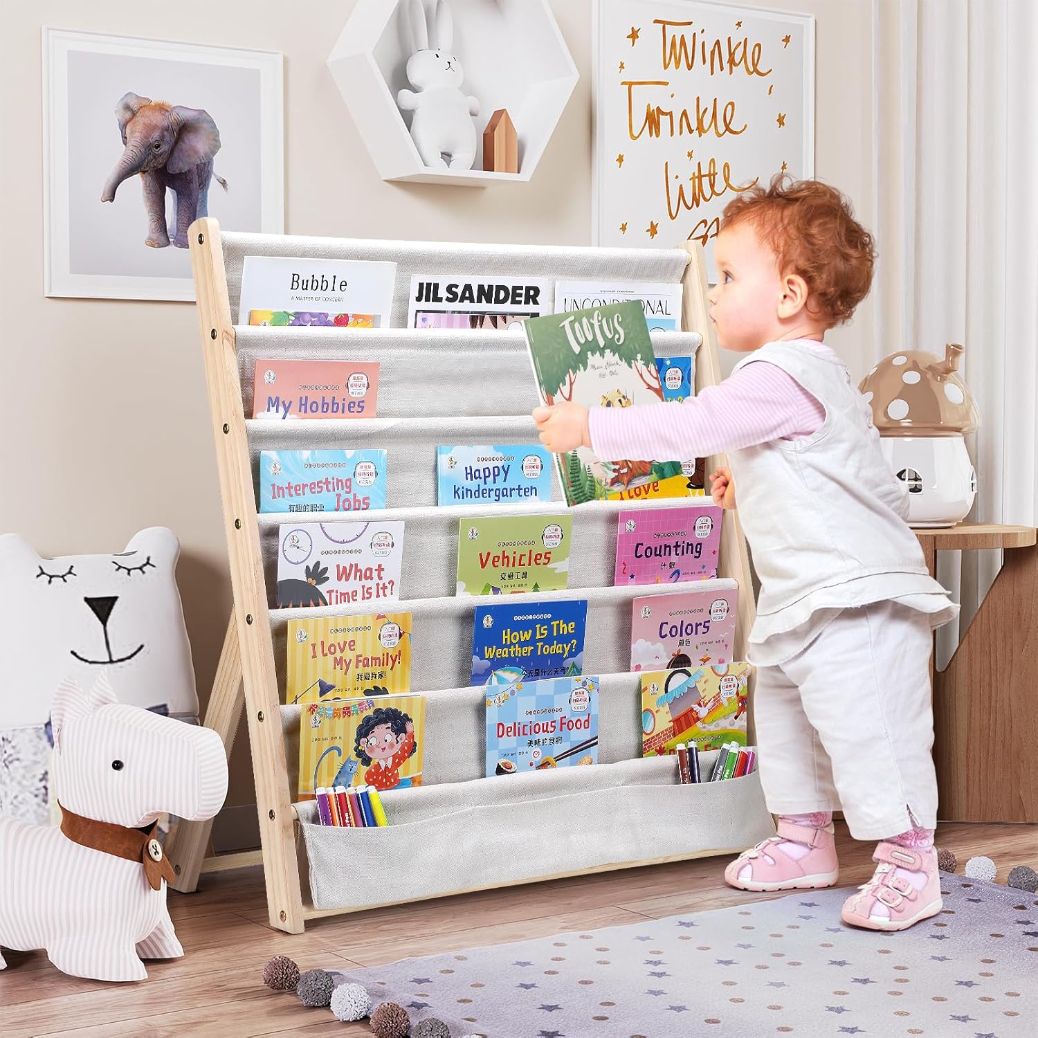 Hggzeg Wooden Bookshelf for Kids, 6 Tier Kids Bookcase Storage Display Rack with Fabric Storage Pockets, Easy Access Magazine Rack, for Children’s Bedroom and Playroom (Beige)