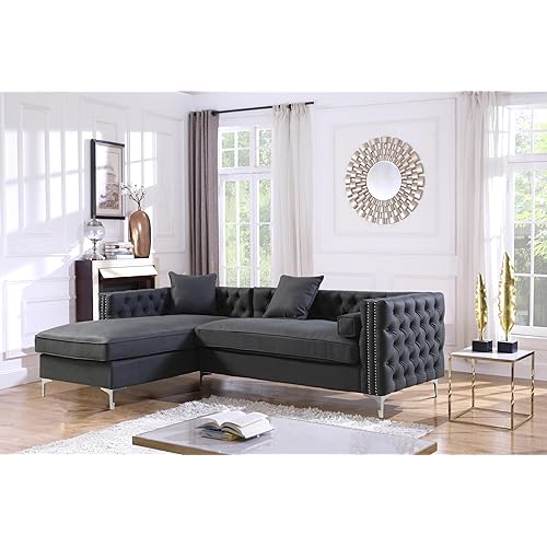 Da Vinci Right Hand Facing Sectional Sofa L Shape Chaise PU Leather Button Tufted with Silver Nailhead Trim Silvertone Metal Leg with 3 Accent Pillows, Modern Contemporary, Black