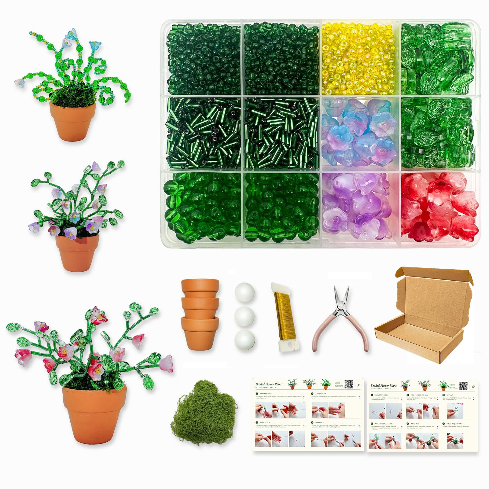 exylosluxek DIY Beaded Flower Plant Craft Decoration Kit, with Green Glass Beads, Complete Craft Kit with 3 Terracotta Plant Pots for Home Decor