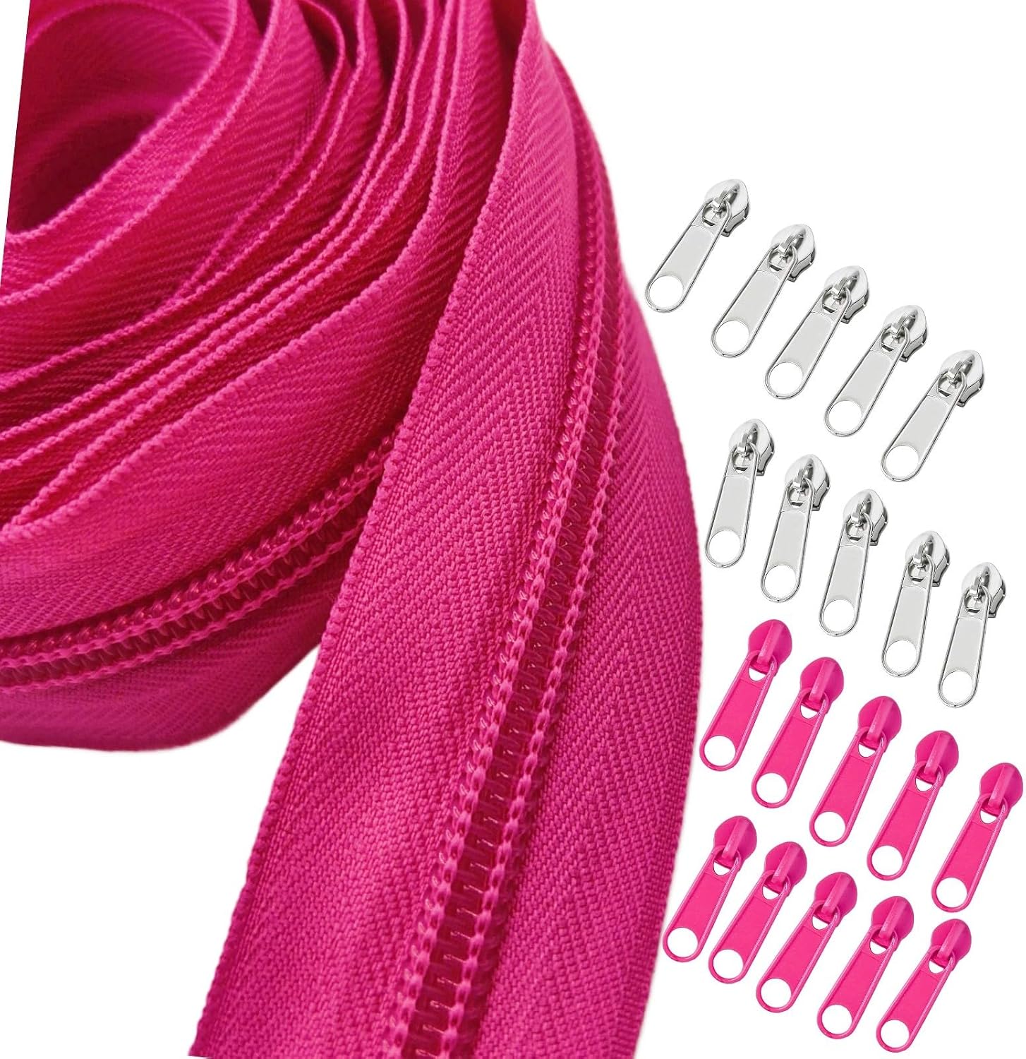 Nylon Coil Zipper Tape10 Yard Long Zippers by The Yard with 10 Pcs Colorful Bulk Metal Sliders and 10pcs Silver Sliders for DIY Sewing Assorted Lengths Purse Tailor Craft Bags Making Clothing(Rose)