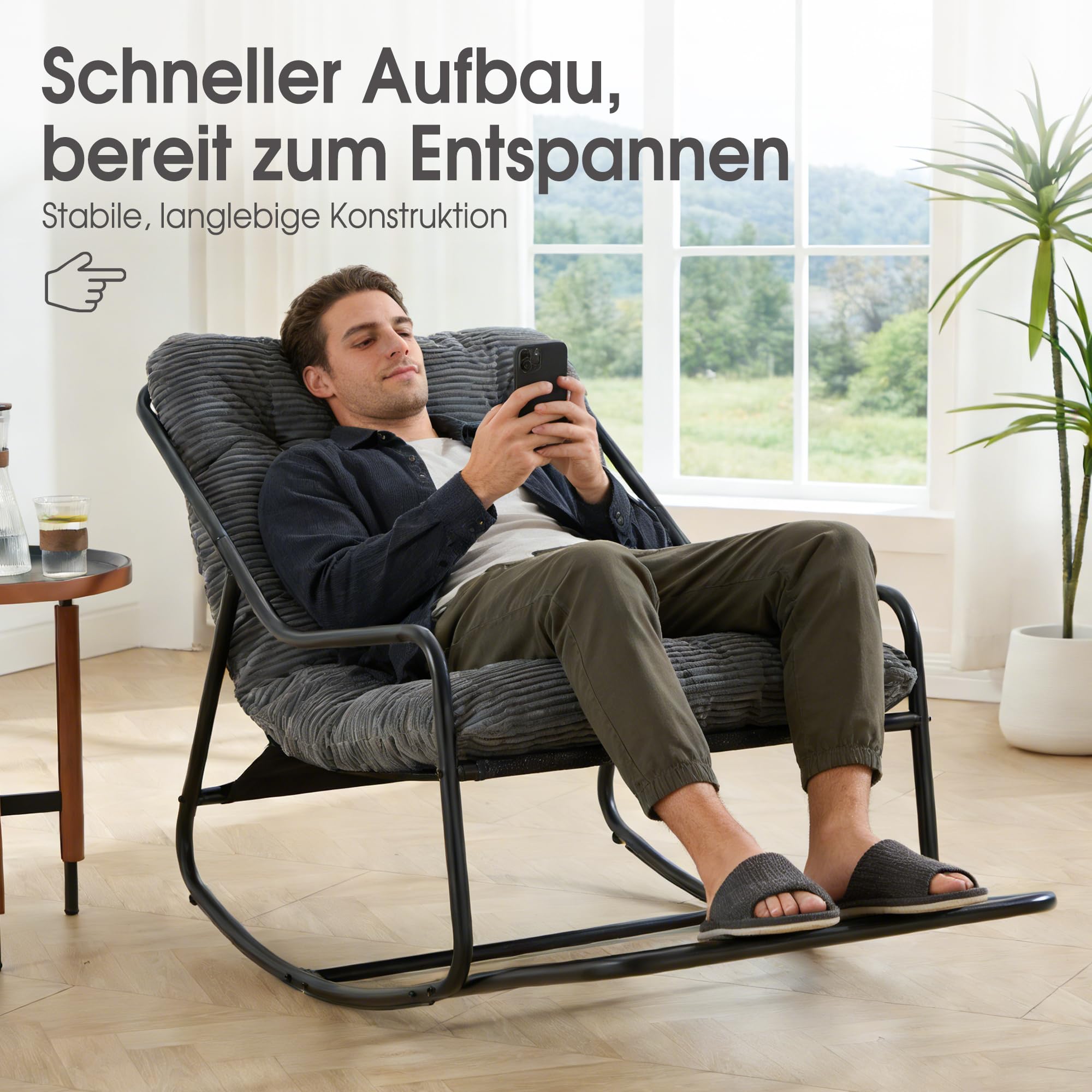 Übergroßer Schaukelstuhl, Gemütlicher Papasan-Stuhl mit Dick Gepolstertem Rahmen, für Innen- und Außenbereich – Robuster Stahlrahmen, Max. 160 KG，Dark Grey