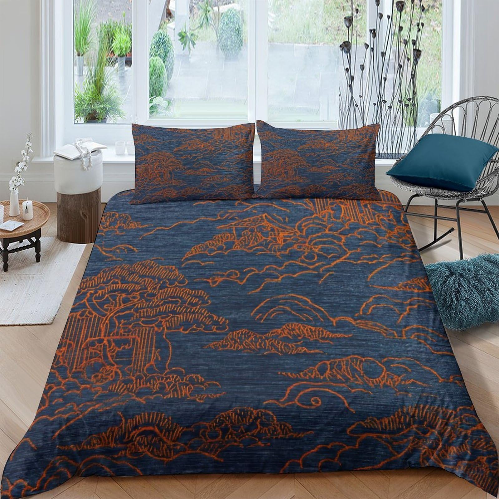 Ctjqhvkz Style-7 3D Printed Japanese Landscape Fitted Sheet Microfiber Soft Navy Orange Mountain Bed Sheet For Bedroom Dorm Mattress Protection Decor Single（135X200cm）