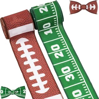YKW Football Wired Edge Ribbon 2 Rolls, 2.5 Inch x 10 Yards Green Field Pattern Sports Craft Ribbon for Wreath Making DIY Bowl Party Gift Wrapping Homecoming Mum Supplies