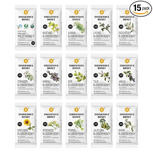 INDIGENOUS HONEY 15 Gift Sachets Small Pouch Raw Natural Honey - Organic Wild, Pure Tulsi, Unprocessed Ajwain, Mustard, Lychee, Coriander, Fennel, Sesame, Juliflora and more - 15g Each, Total 225g