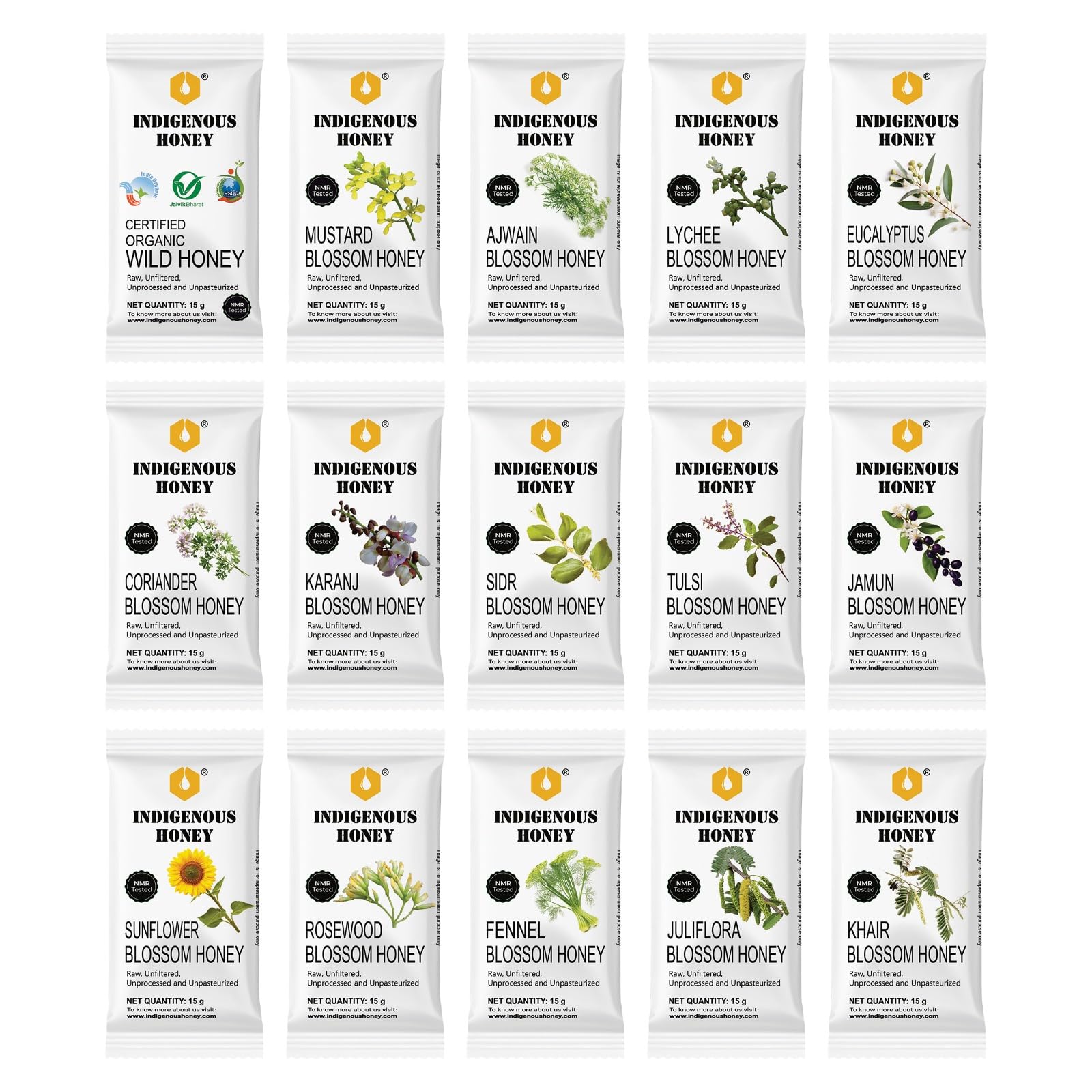 INDIGENOUS HONEY 15 Gift Sachets Small Pouch Raw Natural Honey - Organic Wild, Pure Tulsi, Unprocessed Ajwain, Mustard, Lychee, Coriander, Fennel, Sesame, Juliflora and more - 15g Each, Total 225g (B0D6WK7RLF) Amazon Price History, Amazon Price Tracker