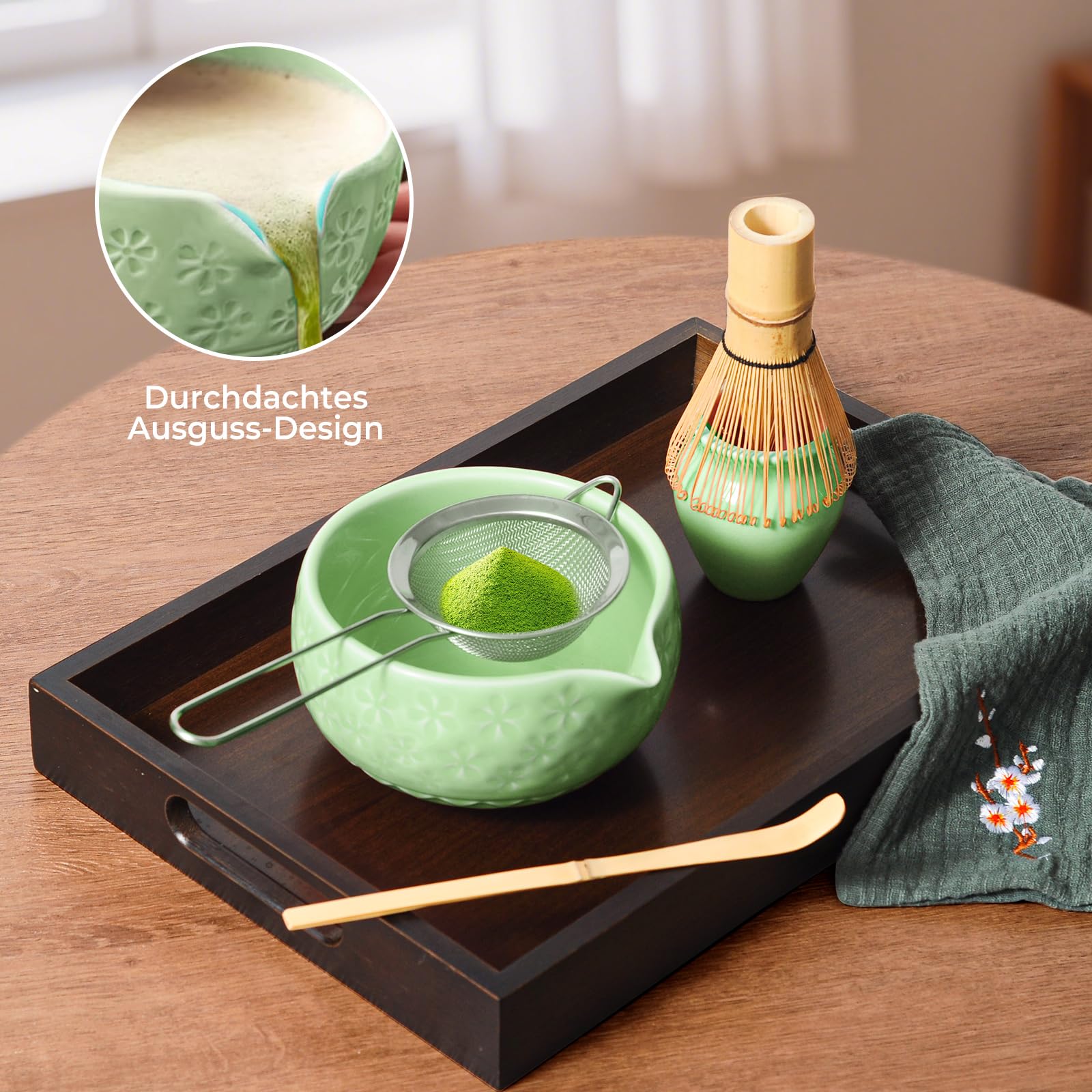 Souvik Matcha Set 7 Pezzi - Ciotola in Ceramica, Frusta Chasen, Cucchiaio di Bambù, Supporto e Accessori - Kit Matcha Tradizionale per Cerimonia del Tè - Ideale come regalo, casa o ufficio